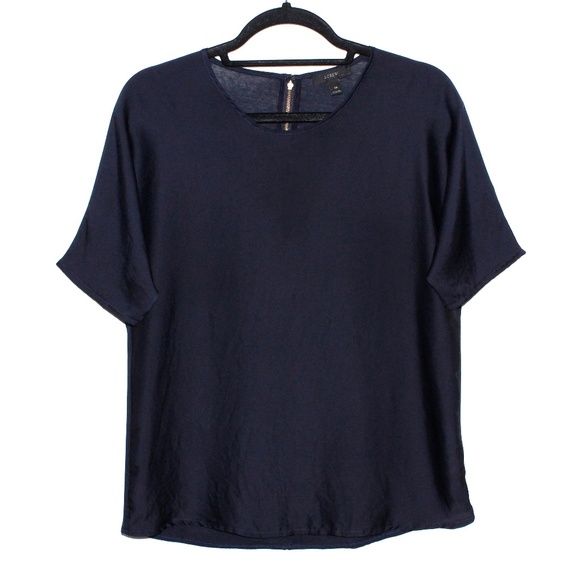 J. Crew Navy Satin Charmeuse Front Short Sleeve Blouse - Picture 1 of 15